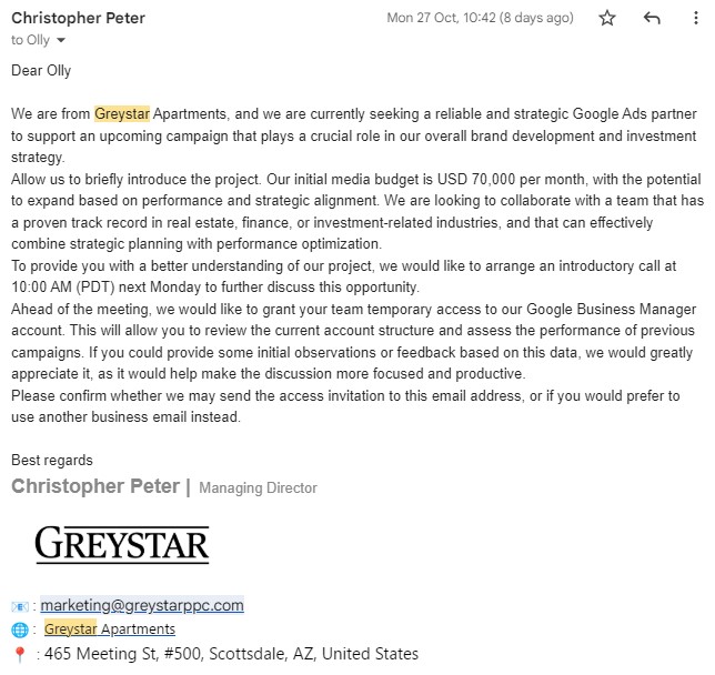 Greystar Apartments PPC Scam