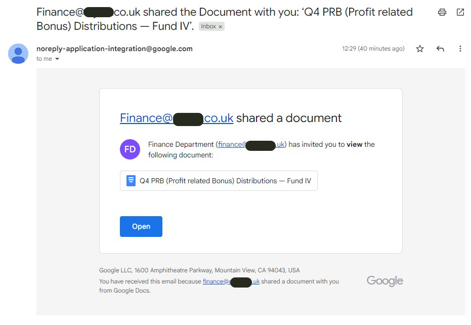 Fake Google Doc Share email, claiming to be Q4 PRB (Profit related Bonus) Distributions - Fund IV - Zero red flags!